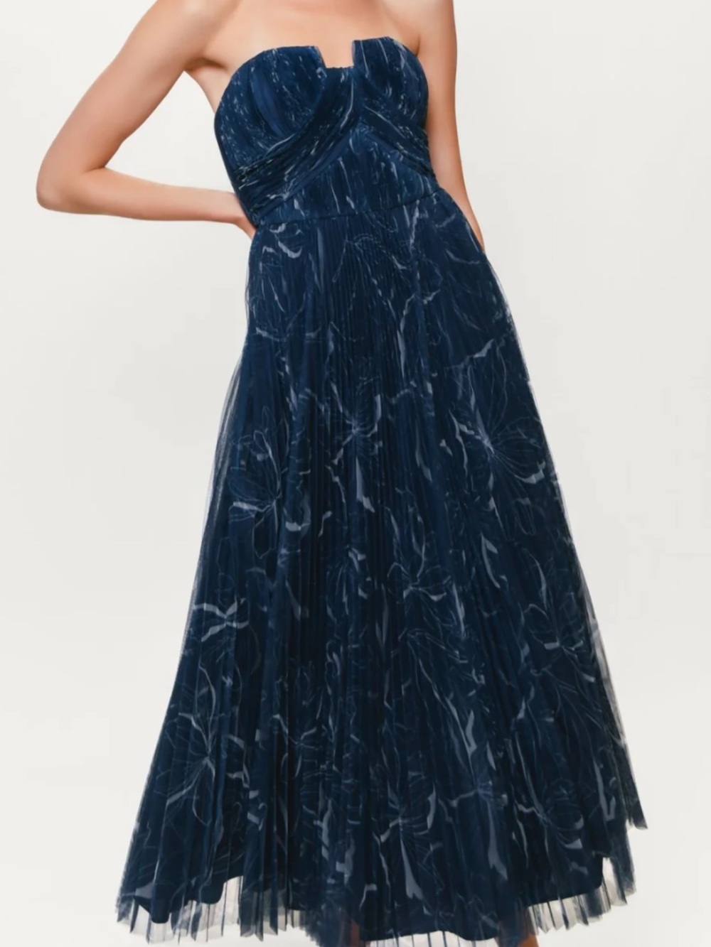 Hutch Corene Strapless Dark Navy Floral Pleated Gown